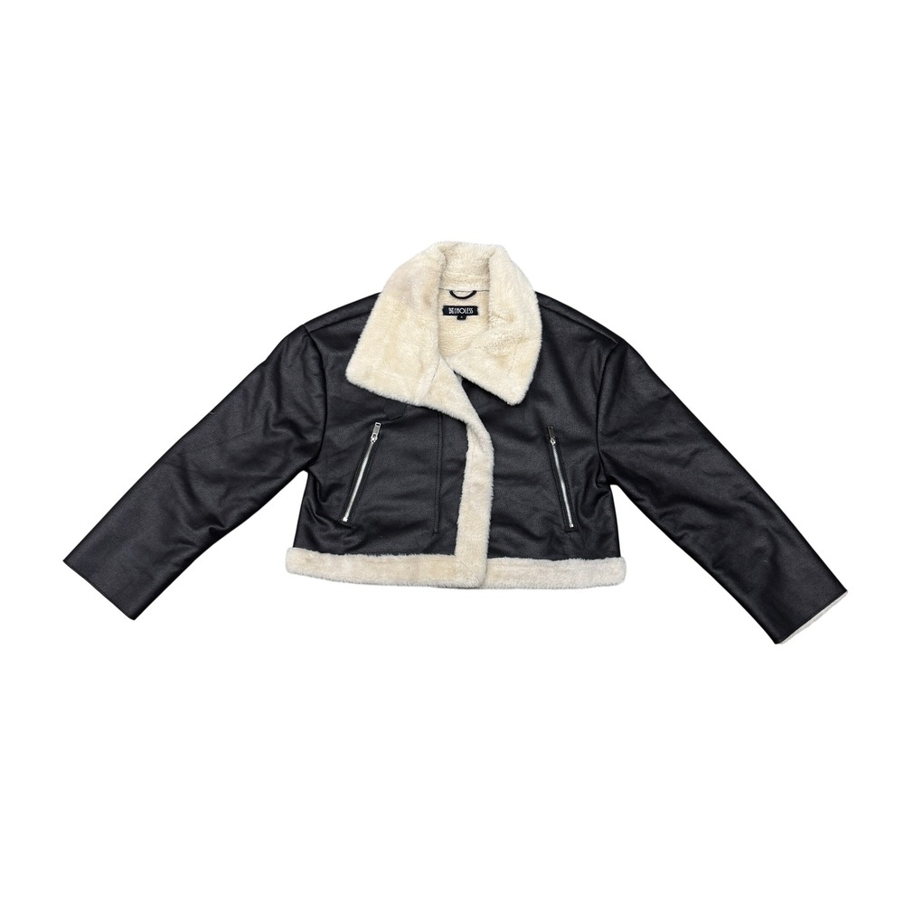 Size Small - RelishNoless Faux Leather Cropped Aviator Jacket Faux Fur Trim